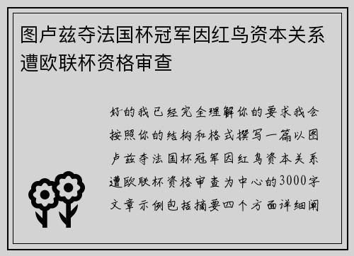 图卢兹夺法国杯冠军因红鸟资本关系遭欧联杯资格审查 图卢兹夺法国杯冠军因红鸟资本关系遭欧联杯资格审查